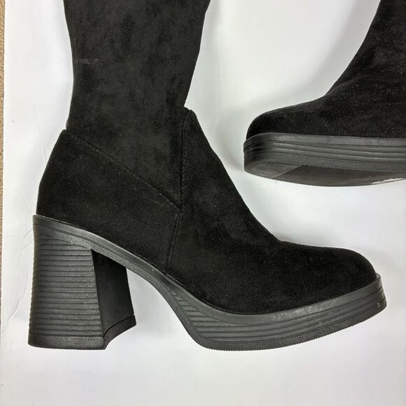 Vintage 90s Y2K Bratz Chunky Block Heel Tall Boots Black Sz 10 Pull On Stretch - Picture 2 of 7
